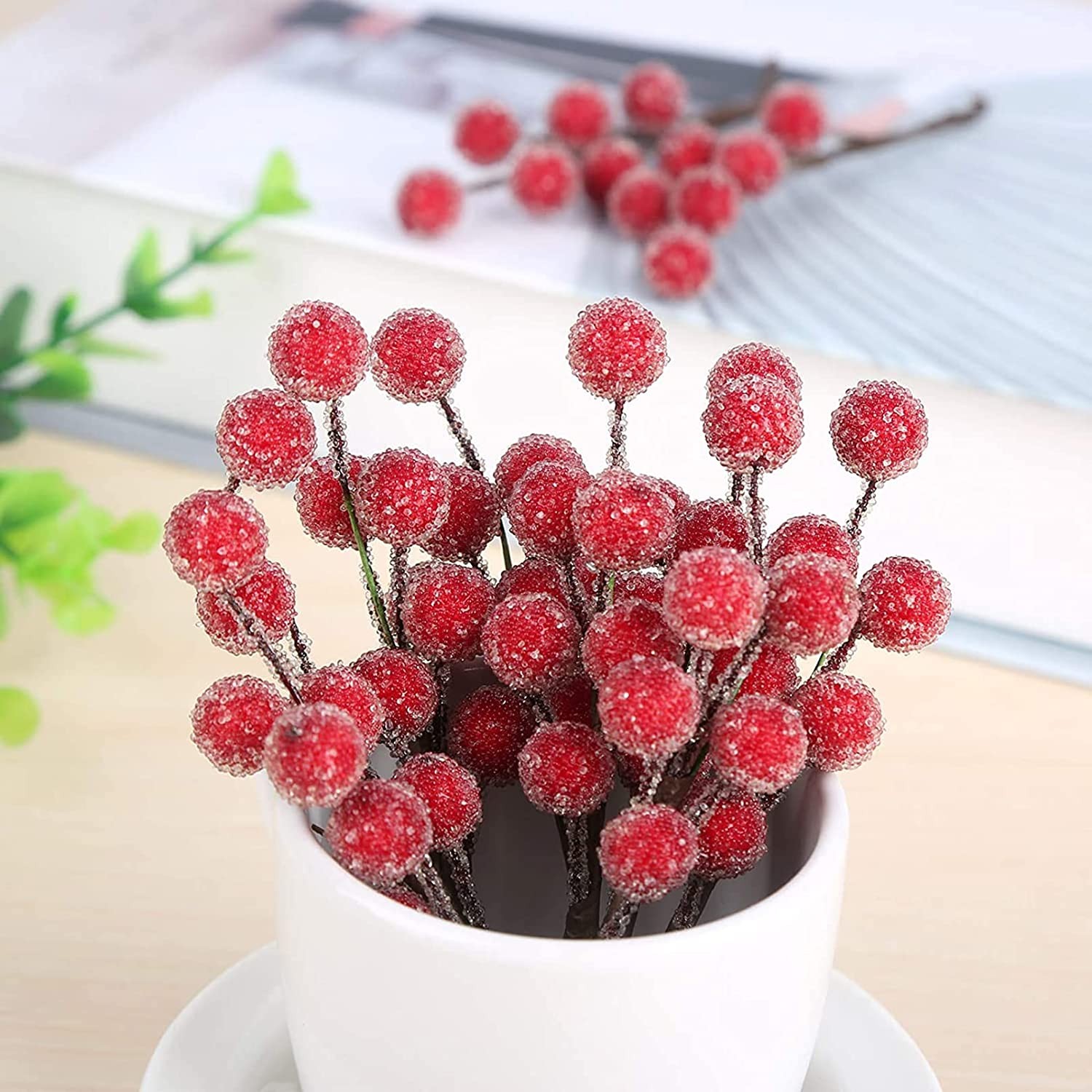 Christmas Frosted Berry Picks, KY-Tech 24Pack Artificial Frosted Holly Berries Wreath Making Supplies Christmas Red Berry Stems Winter Berries Bunch Berry Branches Christmas Craft Supplies