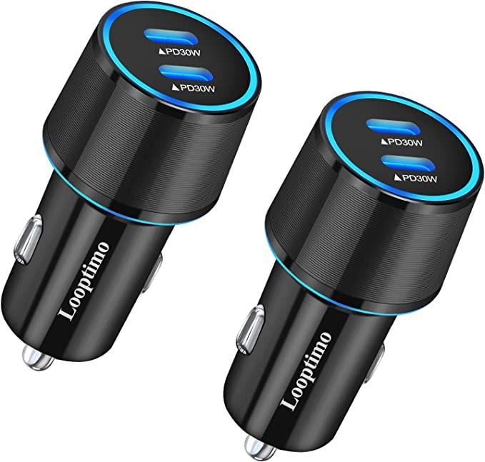Dual 30W USB C car charger for fast charging, Looptimo 2-piece 60W C-type fast car adapter, PD (PPS) 3.0 port Cargador para Carro compatible with iPhone, Samsung Galaxy, Google Pixel phones